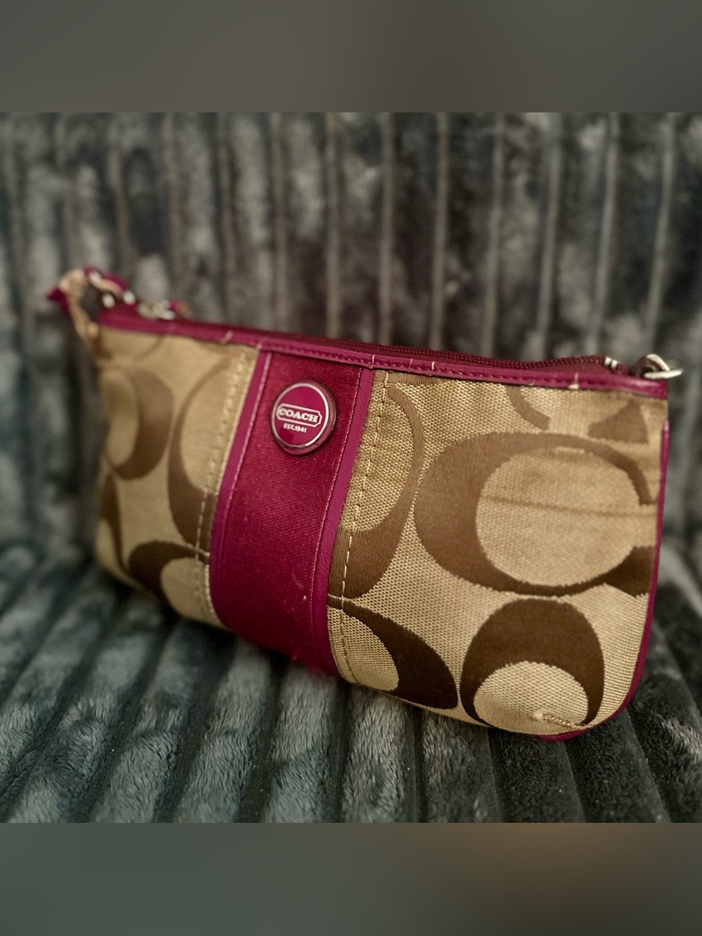 Coach Signature Khaki Canvas Pink Leather Trim Zip Wristlet Clutch Pouch Wallet